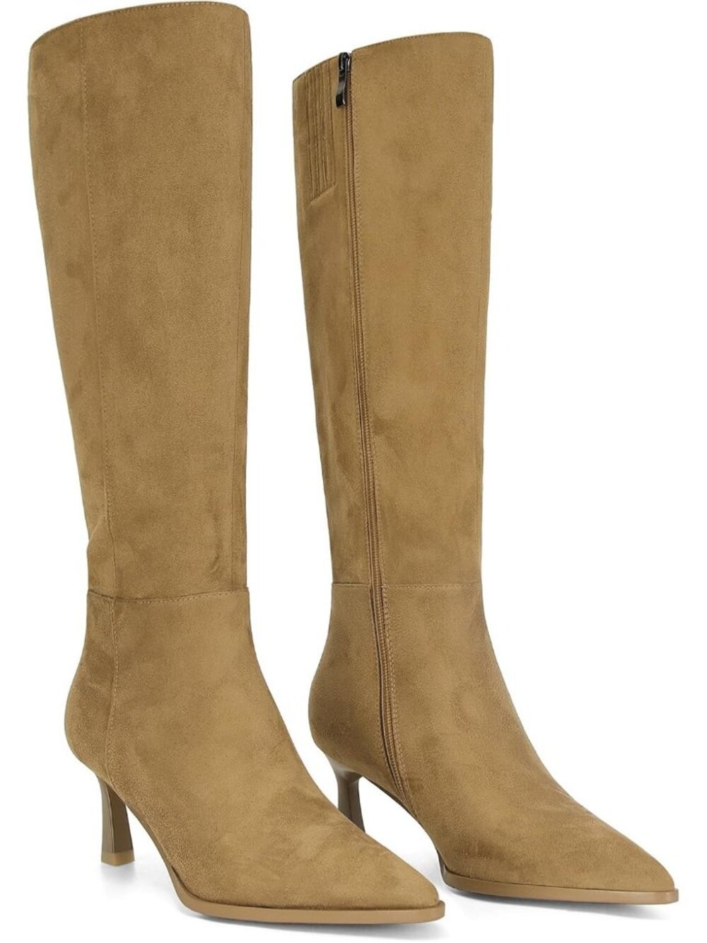 👢Women's Tan Suede Knee High Boots Leather Tall Stiletto Kitten Heeled Boots